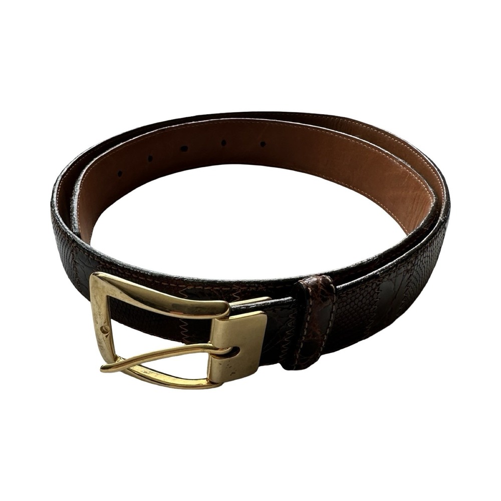 Bespoke Brown Lizard Crocodile Patchwork Brass Buckle Mens Belt 34 NWOT USA